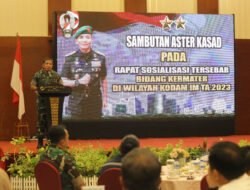 Mewakili Pangdam IM, Aster Kasdam IM menghadiri Rapat Sosialisasi Tersebar Bidang Kermater Kodam Iskandar Muda TA 2023.