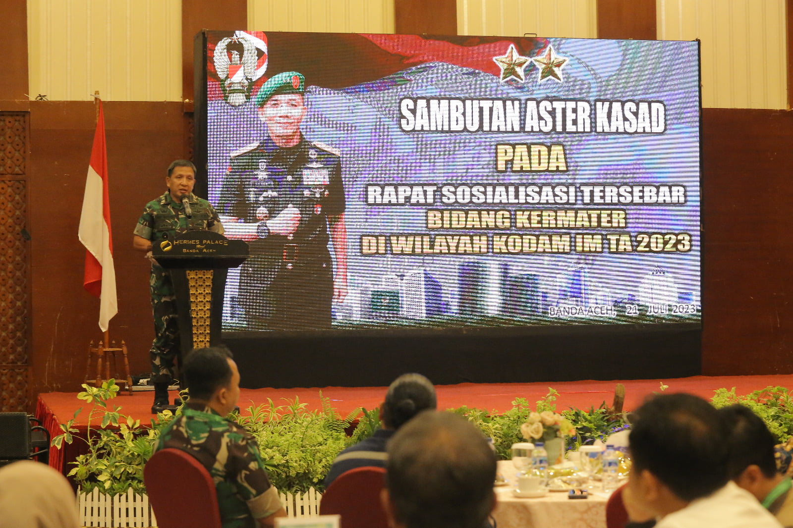 Mewakili Pangdam IM, Aster Kasdam IM menghadiri Rapat Sosialisasi Tersebar Bidang Kermater Kodam Iskandar Muda TA 2023.