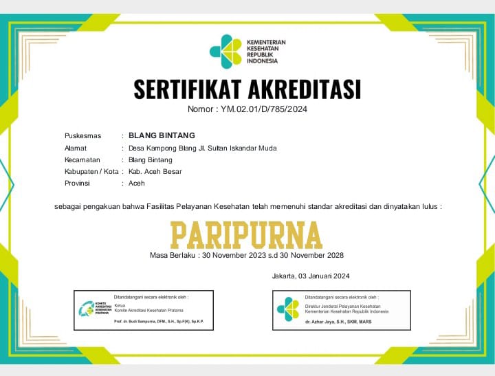 Puskesmas Blang Bintang Raih Predikat Paripurna Dari Kemenkes RI